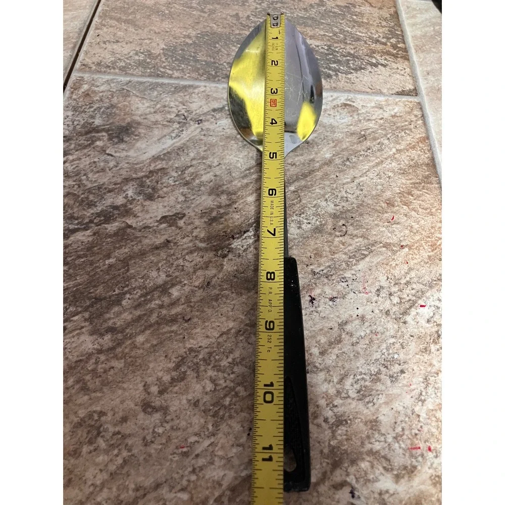 Vintage Japan Stainless Steel Serving Spoon Black Handle 11 Inch Mid Century